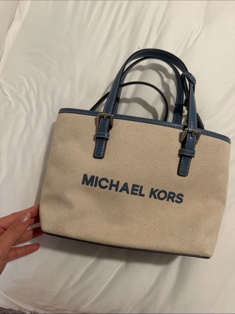 Michael Kors Beige Canvas Tote with Blue Trim and Logo
